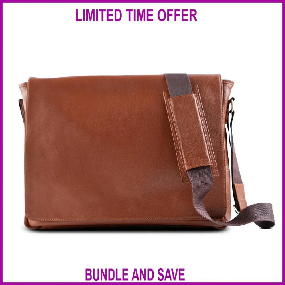 Premium Leather Laptop Messenger Bag 15 Inch Slim Design Spacious